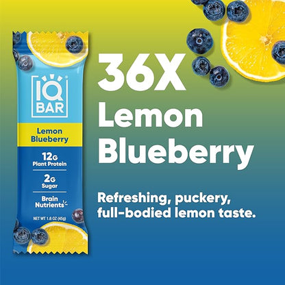 IQBAR Brain and Body Plant Protein Bars - Lemon Blueberry - 36-Count Low Carb - Gluten Free, High Fiber, Vegan Snacks - Low Sugar Meal Replacement