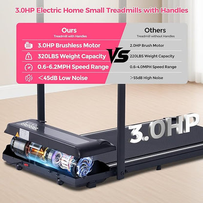 Compact Walking Pad with Handle Bar, Poratble Small Walking Pads Treadmills for Home Small with Handles, 3.0HP Electric Under The Desk Treadmills f with 0.6-6.2MPH and 320LBS