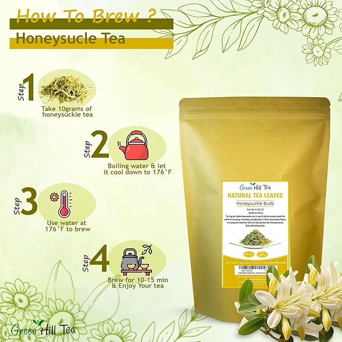 Greenhilltea traditional health herbs, Premium Honeysuckle buds, honey suckle tea NO GMO, NO Additives, Caffeine free dried herbal tea 5 OZ