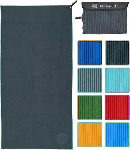 ECCOSOPHY Microfiber Beach Towel – Quick Dry Gym Towel, Highly Absorbent with Ribbed Texture, Lightweight – Ideal for Travel, Pool, Yoga, Fitness & Outdoor Adventures – 71x35 Charcoal