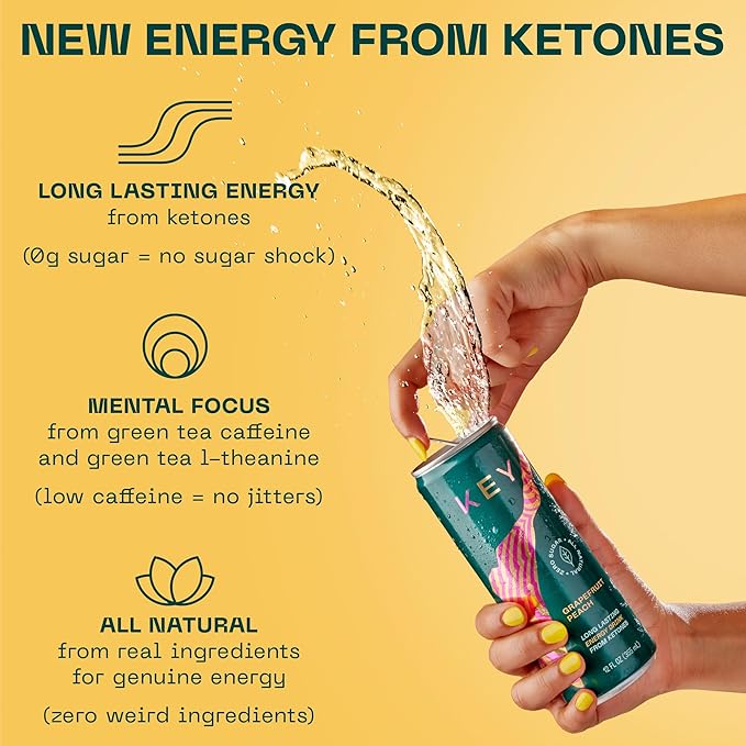KEY Ketone Energy Drink : Sugar Free, 80mg Low Caffeine, All Natural, 11.5g Ketones, Long Lasting Energy, Green Tea & L-Theanine for Mental Focus, Ginger Lime (Pack of 12)