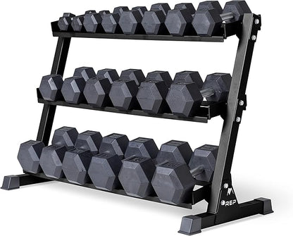 REP Fitness Rubber Hex Dumbbell Set, Adjustable Weight Pairs, Home Gym Equipment, Strength Training For Men Women, Black Coated Grips, Workout Rack Storage Optional, Heavy Lb Free Weights