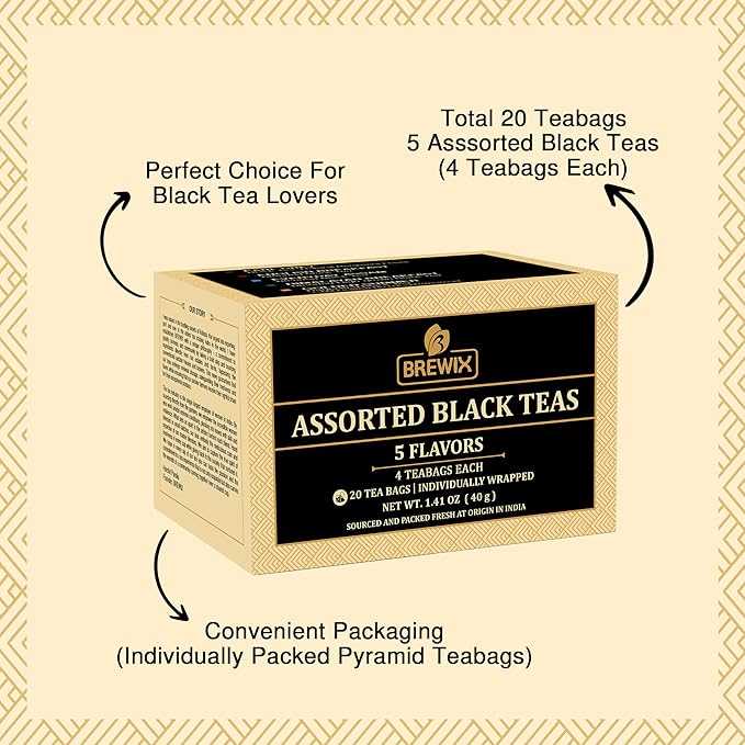 BREWIX Premium Assorted Black Tea Sampler Gift Box with 5 Flavors (20 Pyramid Indivdidually Wrapperd Tea Bags) | Tea Gift Set & Variety Pack | Gifts for Women & Men, Tea Set