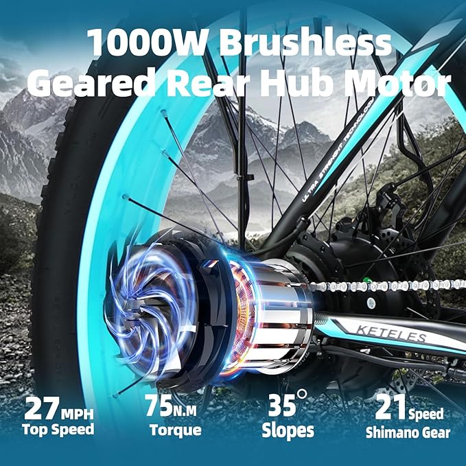 Electric Bike for Adults，26" x 4" Fat Tire Ebike，28MPH 1000W Motor Peak Power 2000W Electric Bicycles，48V 15AH Removable Battery，21 Speed Mountain Snow Beach E Bike