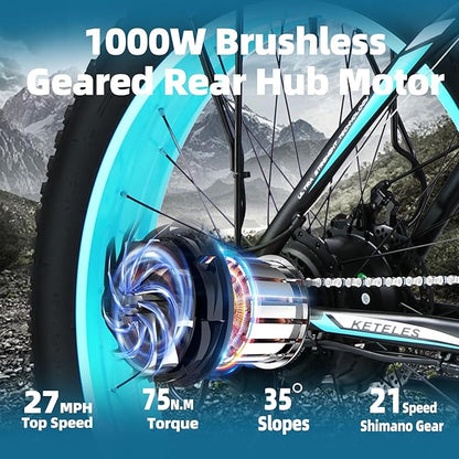 Electric Bike for Adults，26" x 4" Fat Tire Ebike，28MPH 1000W Motor Peak Power 2000W Electric Bicycles，48V 15AH Removable Battery，21 Speed Mountain Snow Beach E Bike