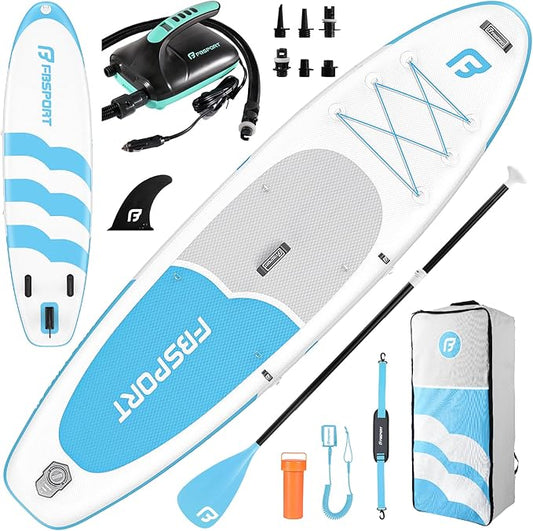 FBSPORT 11FT Premium Inflatable Stand Up Paddle Board with Electric Pump, Yoga Board with SUP Accessories & Carry Bag | Wide Stance, Surf Control, Non-Slip Deck, Leash and Paddle for Youth & Adult