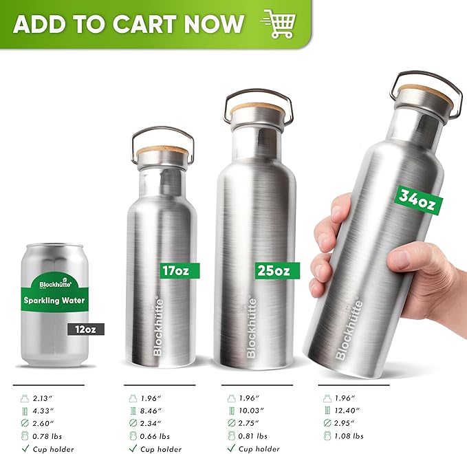 Blockhuette Vacuum Insulated Stainless Steel Water Bottle I 34 oz I Wide Mouth Insulated Metal Bottle for Cold Drinks I BPA-Free I Perfect for Travel, School, Kids, Adults, Water Canteen