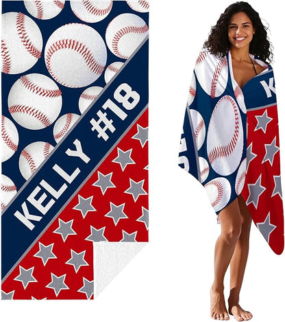 Personalized Beach Towel With Name, Custom Beach Towel with Text, Customized Microfiber Pool Towel, Quick Dry & Absorbent Swim Towel for Adult,Anniversary, Birthday, Summer Holiday,Vacation,Baseball