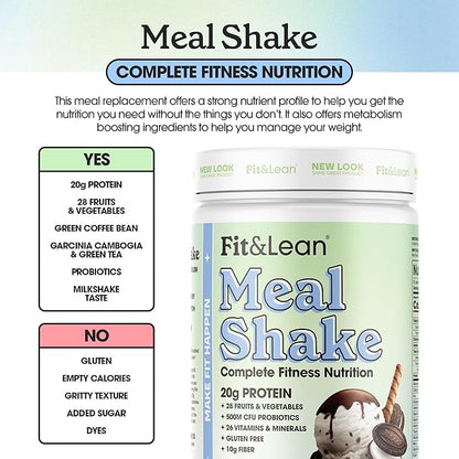 Fit & Lean Meal Shake, Fat Burning Meal Replacement, Meal Replacement with Protein, Fiber, Probiotics and Organic Fruits & Vegetables, Cookies and Cream, 1lb, 10 Servings Per Container