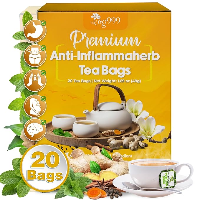 20 Tea Bags - Anti-Inflammaherb Loose Leaf Tea, 100% Natural from Ginger, Turmeric, Peppermint, Black Pepper, Cinnamon. No Sugar, No Caffeine, No Gluten, Vegan