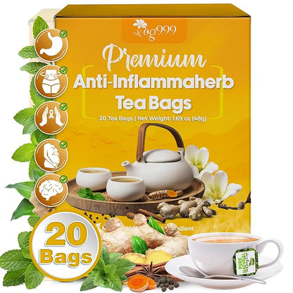 20 Tea Bags - Anti-Inflammaherb Loose Leaf Tea, 100% Natural from Ginger, Turmeric, Peppermint, Black Pepper, Cinnamon. No Sugar, No Caffeine, No Gluten, Vegan