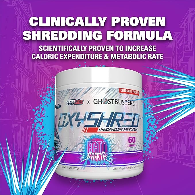 EHP Labs x Ghostbusters OxyShred Pre Workout Powder Supplement - Preworkout Powder with Acetyl L Carnitine, Energy Boost Drink - Ecto Freeze, 60 Servings