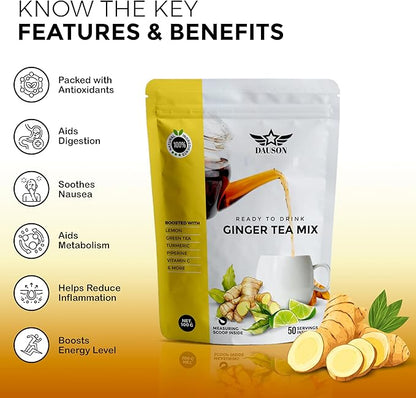 Ginger Tea Mix – 50 Servings | Instant Powder with Lemon, Turmeric, Licorice & Vitamin C | Caffeine-Free Herbal Blend with Green Tea Extract & Black Pepper | Natural Detox & Immune Support