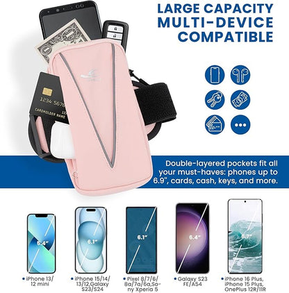 HiRui Cell Phone Holder Arm Bag & Wrist Bag for Phone, Sports Running Armband for Gym & Cycling, Compatible with iPhone 16/16Pro/Plus/15/14 Samsung Galaxy All Phones, Reflective & Adjustable (Pink)