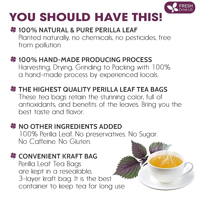 FreshDrinkUS, Premium Perilla Leaf Tea – 75 Tea Bags | 100% Pure Perilla Leaves | Caffeine-Free, Non-GMO, Natural Packaging | Herbal Tea Bags for Daily Enjoyment. Gluten-Free. Sugar-Free. Vegan