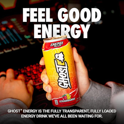 GHOST Energy Drink - 12-Pack, Strawbango, 16oz - Energy & Focus & No Artificial Colors - 200mg of Natural Caffeine, L-Carnitine & Taurine - Gluten-Free & Vegan