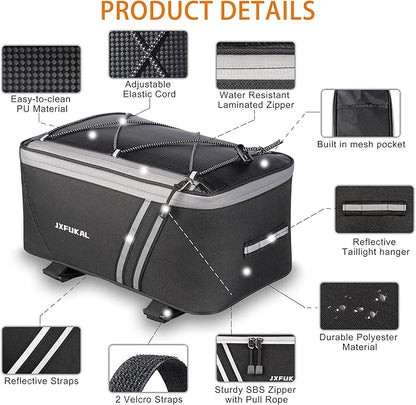 JXFUKAL Rear Bike Rack Bag with Rain Cover, 7L/9L/10L/12L Waterproof Bicycle Ebike Saddle Bag Cycling Pannier Trunk Carrier with Reflector & Adjustable Cord for Commuter Travel Outdoor