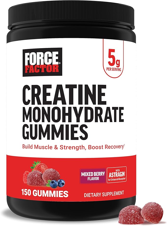 Force Factor Creatine Monohydrate Gummies, 5g Dose for Men & Women to Support Muscle, Strength, Recovery, Cognitive Health & Memory, Mixed Berry, 150 Gummies