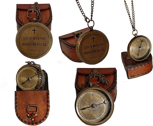 2 Inch Brass Compass With Chain Leather Case