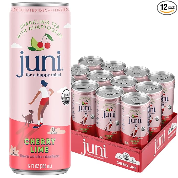 Juni Sparkling Adaptogen Drink with Ashwagandha, Lion’s Mane & Reishi Mushrooms | Green Tea for Focus, Zero Sugar, 5 Calories | Decaffeinated, Non Alcoholic Drinks - Cherry Lime 12 pack