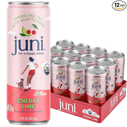 Juni Sparkling Adaptogen Drink with Ashwagandha, Lion’s Mane & Reishi Mushrooms | Green Tea for Focus, Zero Sugar, 5 Calories | Decaffeinated, Non Alcoholic Drinks - Cherry Lime 12 pack