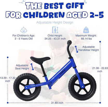 12 inch Toddler Balance Bike Adjustable Handlebar & Seat Anti-Slip Grip Suitable for 2-5 Years Old with Footrest Lightweight for Tolddlers Boys Girls Multiple Colors to Choose