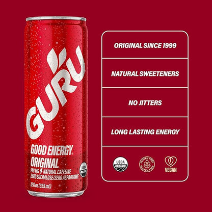 GURU Original Organic Energy Drinks, Clean Energy Drink with Plant Based Natural Caffeine from Green Tea, Gluten Free and Vegan, 140MG Caffeine, Healthy Drinks, 12oz (Pack of 24)