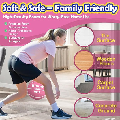 2025 Upgraded Silent Basketball Size 7 - Indoor Noiseless Airless Foam Basketball, Quiet Dribble Dream Training Ball with Soft Soundless Bounce-Pink