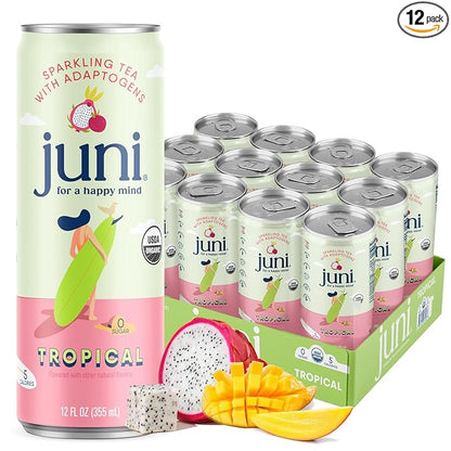 Juni Sparkling Adaptogen Drink with Ashwagandha, Lion’s Mane & Reishi Mushrooms | Green Tea for Focus, Zero Sugar, 5 Calories, Organic | Non Alcoholic Drinks - Tropical 12 pack