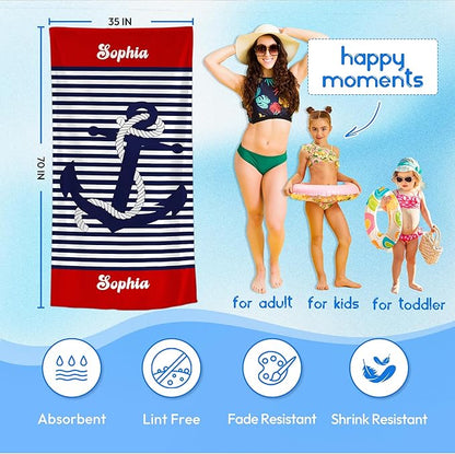 JML Personalized Beach Towel with Name, Custom Anchor Beach Towel, Customized Microfiber Pool Towel, Quick Dry & Absorbent Swim Towel for Adult,Anniversary, Birthday, Summer Holiday,Vacation