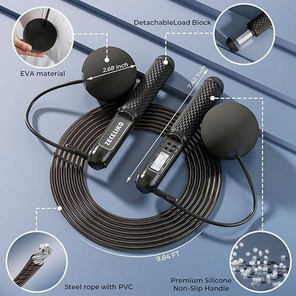Smart Jump Rope with LED Display and Jump Counter, Weighted Cordless Design for Home Gym & HIIT, Adjustable Steel Wire for Fitness, Tracks Jumps, Calories & Time, for Men, Women & Kids