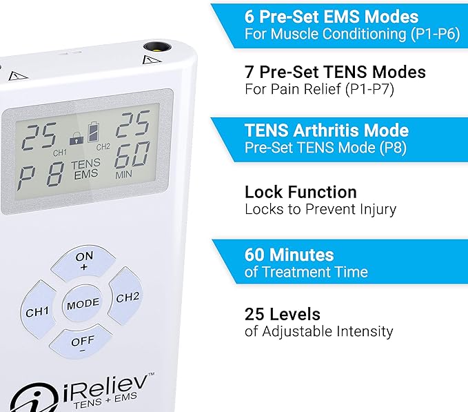 iReliev TENS + EMS Combination Unit Muscle Stimulator for Pain Relief & Arthritis & Muscle Strength with Backlit Display