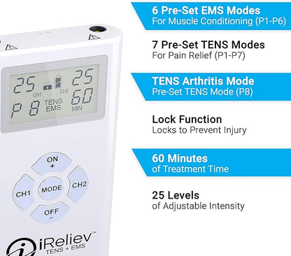iReliev TENS + EMS Combination Unit Muscle Stimulator for Pain Relief & Arthritis & Muscle Strength with Backlit Display