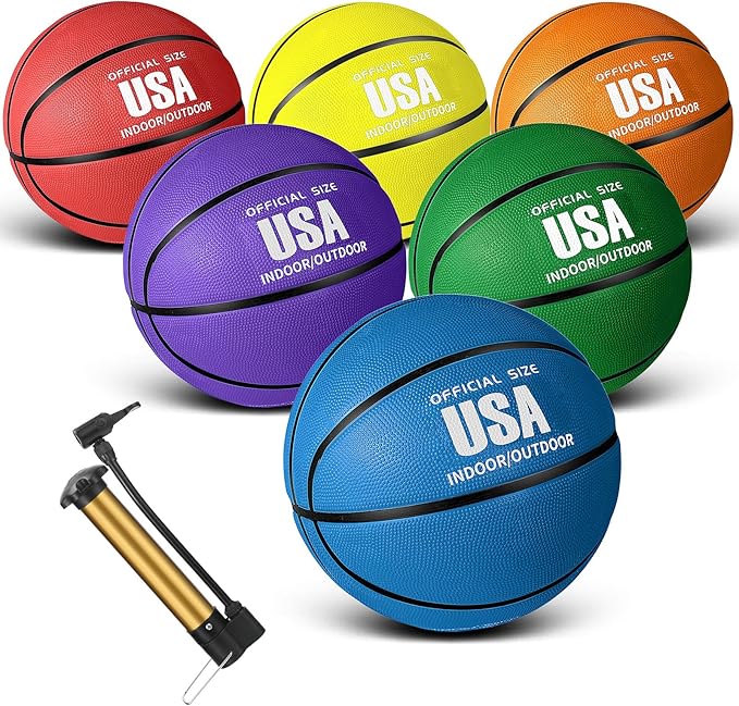 Jenaai 6 Pcs Rubber Basketballs Official Size Bulk Streetballs Multicolor Basket Balls with Pump Plain Basketball Set for Adult Youth Gifts Indoor Outdoor Training Games