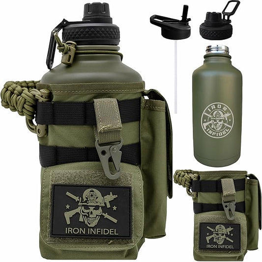 Iron Infidel Battle Bottle - Half Gallon Insulated Water Bottle with Paracord Handle, Large 64 oz Stainless Steel Water Jug with Rugged, Removable Sleeve for Keys, Wallet & Phone (Gangrene 2L)