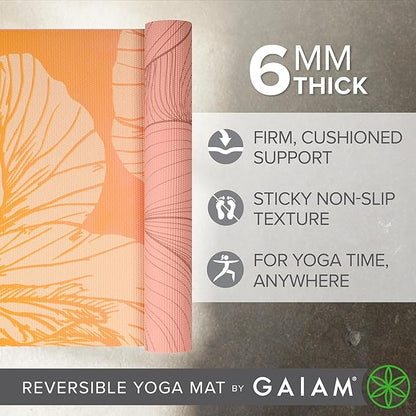 Gaiam Yoga Mat - Premium 6mm Print Reversible Extra Thick Non Slip Exercise & Fitness Mat for All Types of Yoga, Pilates & Floor Workouts (68" x 24" x 6mm Thick)