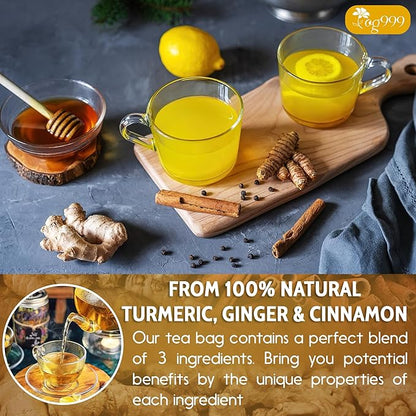 200 Bags Premium Turmeric Ginger Cinnamon Tea, Improve Digestion, Support Brain, Weight, Skin and Sleep, Eco-Conscious Tea Bags and Premium Natural Ingredients. Turmeric Ginger Herbal Tea. No Sugar, No Caffeine, No Gluten, Vegan.