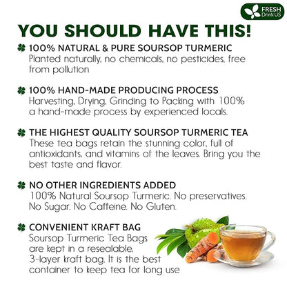 FreshDrinkUS, Premium 25 Tea Bags Soursop Turmeric, 100% Natural, Blend of Soursop Leaves, and Turmeric Root. Made with Natural Material Tea Bags. No Sugar, Vegan.