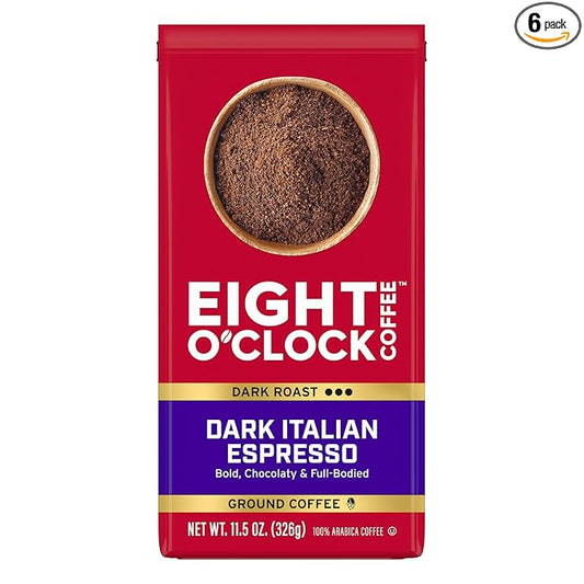 Eight O'Clock Coffee Dark Italian Espresso Ground Coffee, Medium Roast, 11 Ounce (Pack of 6) - Bold & Chocolaty