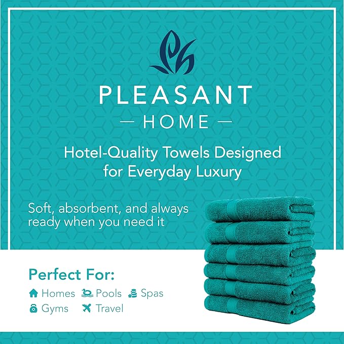 Pleasant Home Bath Towels Set of 6 (24” x 50”) 100% Cotton, 515 GSM | Lightweight, Soft & Absorbent Luxury Towels for Bathroom | for Gym, Pool & Spa | 6 Pack, Teal
