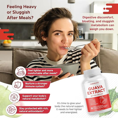 Guava Extract & Bitter Melon – Rich in Antioxidants, Supports Healthy Metabolism & Digestive Health – with Ginger, Artichoke, Cinnamon, Gymnema & Black Pepper – 150 Capsules