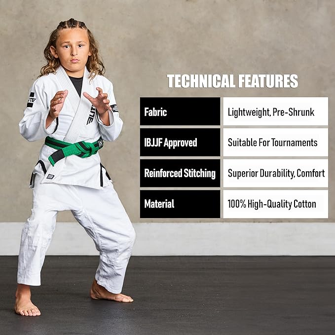 Elite Sports Kids Brazilian Jiu Jitsu Belts Preshurunk Martial Arts Youth BJJ Belts for Girls & Boys with BJJ Ranking Stripes