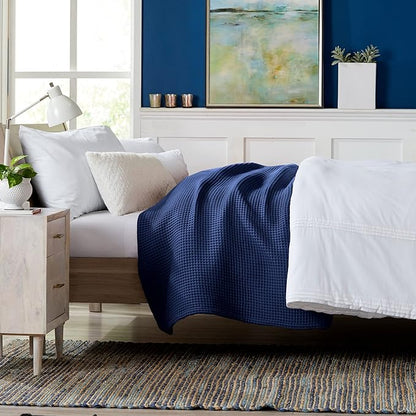 100% Cotton Waffle Weave Bed Blanket | Soft, Breathable, and Lightweight Blanket for All-Season | Perfect for Layering | Brielle Collection (Full/Queen, Navy)