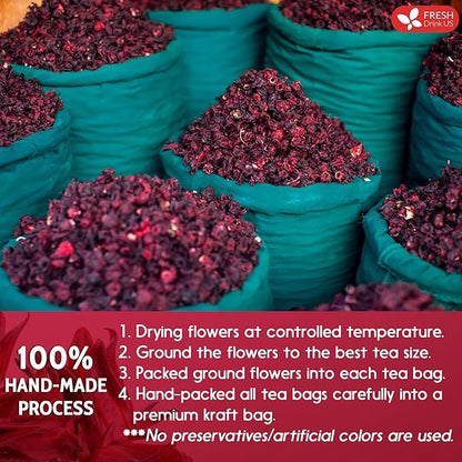 FreshDrinkUS, Premium 140 Hibiscus Flowers Tea Bags, 100% Natural, Handmade & Pure from Hibiscus Flowers. No Sugar/Caffeine/Gluten, Vegan. Tart & Refreshing, Hot or Ice Tea, Great For All Seasons