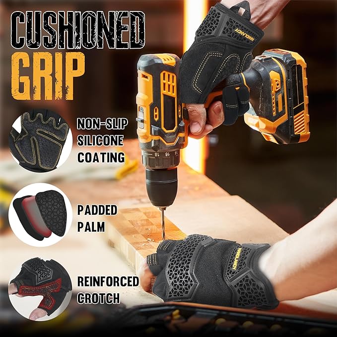 HANDLANDY Fingerless Framer Work Gloves for Men, Utility Grip Paded Gloves for Tactical Shooting Airsoft Hunting Driving (Black- 3 Fingerless, X-Large (Pack of 1))