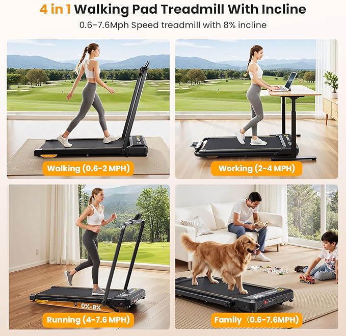 Walking Pad Treadmill, 3 in 1 Foldable Under Desk Treadmills for Home Office, Small Walking Pad with Incline Handle Bar, 300lbs Capacity 2.5HP Portable Running Machine with APP Remote Control