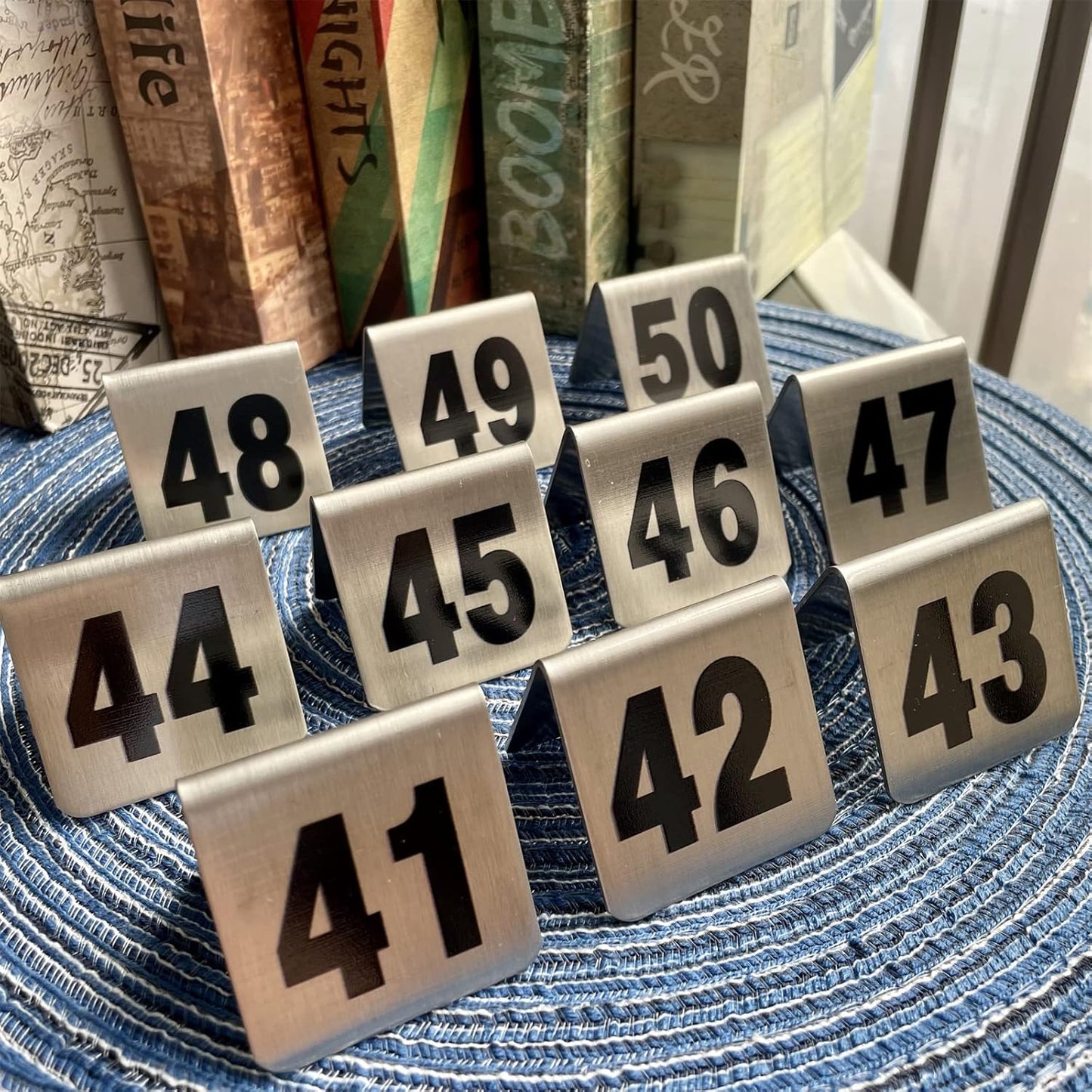 10 Pcs Metal Place Cards Stackable Tent Style Table Numbers，Place Card Holders for Celebration Wedding Party Restaurants Cafes Bars Gatherings meeting Room Board Game Serial (Small 41-50, Black)