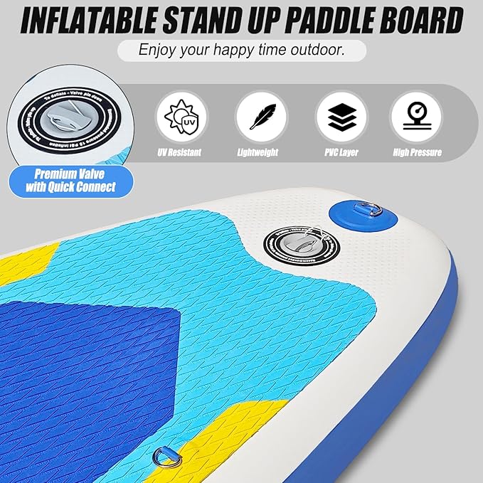 Inflatable Stand Up Paddle Board 10‘x30‘‘- Ultra-Light SUP with Backpack, Pump, Paddle, Coil Leash, 3 Fins, Repair Kit, Stable Design, Non-Slip EVA Deck for Adults & Youth