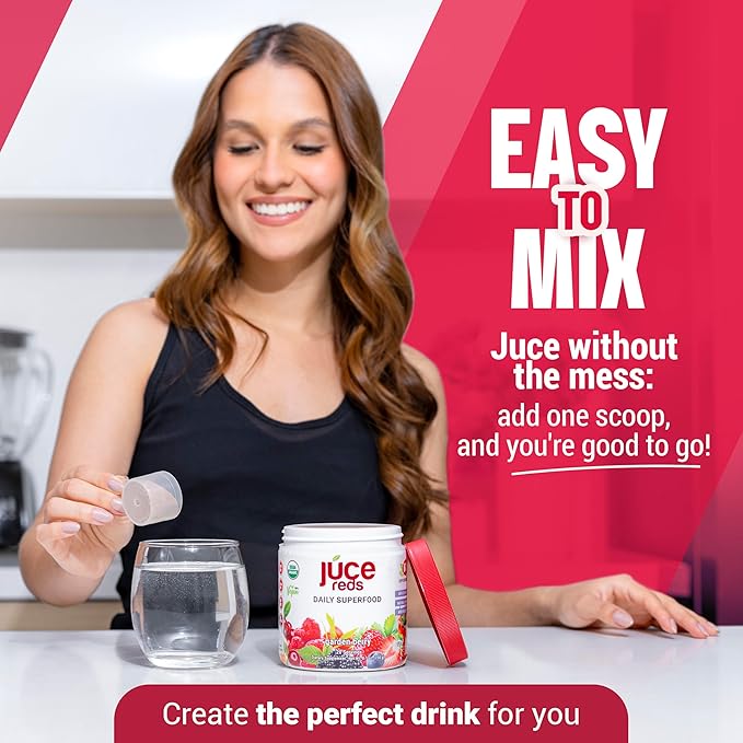 JUCE Reds Organic Superfood Powder - Garden Berry Flavor | Fruit & Veggie Powder for Everyone w/64 Immune Boosting Superfood Plus Probiotics for Gut Health | 20 Servings (230g)