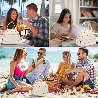 FlowFly Insulated Lunch Bag for Women – Corduroy Lunch Tote Box, Cute Cooler Bag for Work, Travel, Picnic,Corduroy Strawberries RoseRed